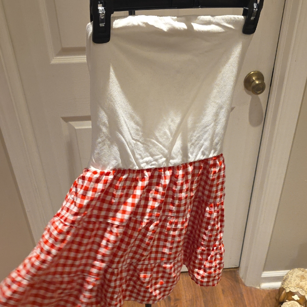 White and Red Gingham Circle Skirt with Elastic Waist